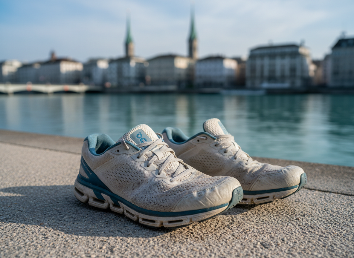 A pair of well-worn but high-quality running shoes with a subtle splash of Zurich-blue accents rests on a smooth riverside path, tiny droplets of water on the rubber sole hinting at a recent run. Behind them, the Limmat River and distant city skyline with soft, recognizable but non-branded modern buildings are gently blurred. Early morning natural light creates a cool, crisp glow, highlighting the shoe textures and casting long, soft shadows along the path. Photographic realism at eye level with a shallow depth of field creates a calm, motivating atmosphere, suggesting a fresh start and approachable coaching for runners of all levels.
